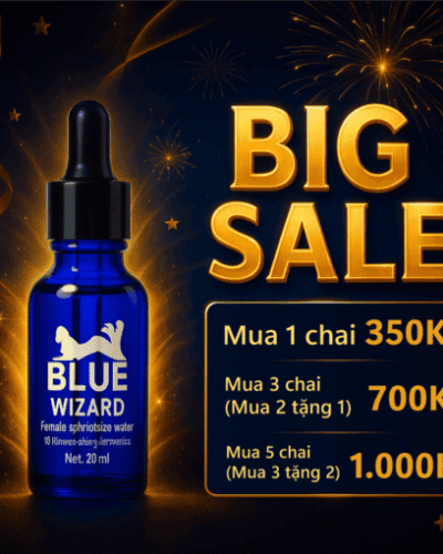 Blue Wizard 15ml kích dục nữ chính hãng – banner Big Sale nền xanh vàng pháo hoa, lọ Blue Wizard và bảng giá combo