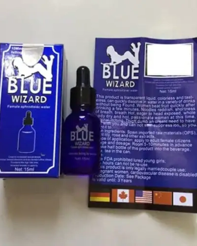 Blue Wizard 15ml kích dục nữ chính hãng – hộp lọ Blue Wizard cạnh tờ hướng dẫn có cờ các nước