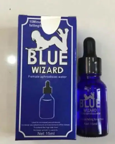 Blue Wizard 15ml kích dục nữ chính hãng – hộp xanh Blue Wizard và lọ nhỏ giọt xanh đậm cạnh nhau