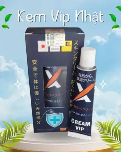 Kem Vip Nhật Bản chính hãng – Hộp xanh và tuýp Cream Vip trắng trên nền trời mây