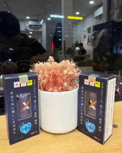 Kem Vip Nhật Bản chính hãng – Hai hộp Cream Vip mở cửa sổ đặt cạnh chậu hoa khô, quán cafe