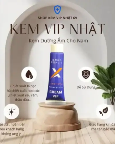 Kem Vip Nhật Bản chính hãng – Đồ họa tuýp Cream Vip xanh trên bục, nêu thành phần thảo dược