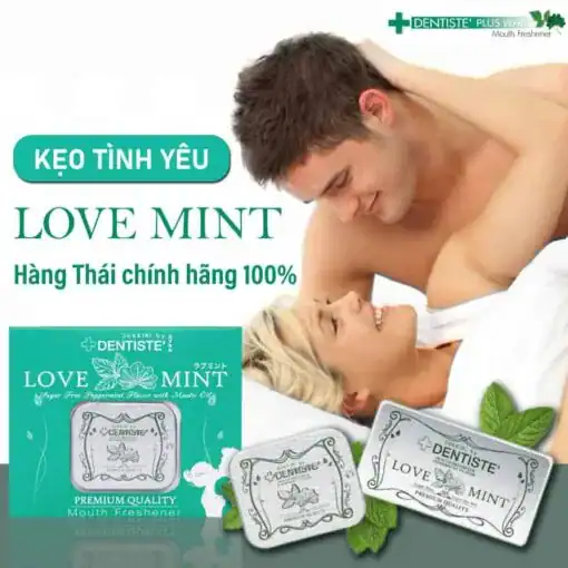 Kẹo phòng the bạc hà Love Mint Nhật Bản – Cặp đôi âu yếm phía trên, hộp kẹo Love Mint phía dưới