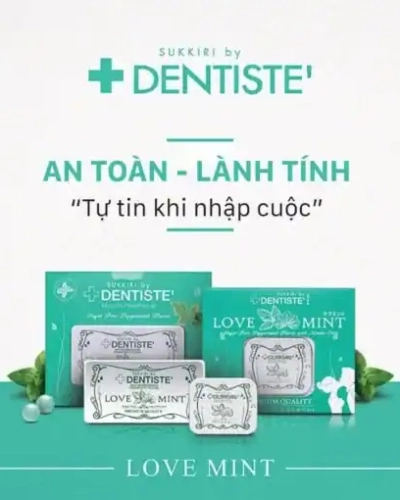 Kẹo phòng the bạc hà Love Mint Nhật Bản – Đồ họa hộp và lon kẹo Love Mint trên nền xanh