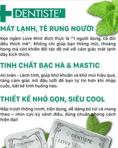 Kẹo phòng the bạc hà Love Mint Nhật Bản – Đồ họa lá bạc hà và mô tả công dụng kẹo Love Mint