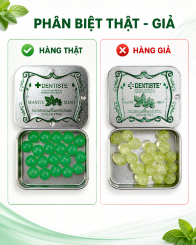 So sánh hộp thiếc và viên kẹo Dentiste Mastic Mint hàng thật với hàng giả