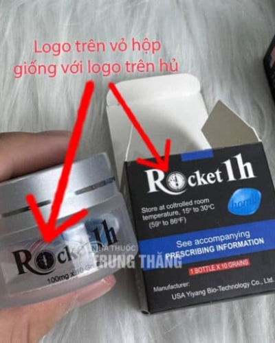 Viên uống Rocket 1h USA hỗ trợ cương cứng – hủ bạc và hộp đối chiếu logo bằng mũi tên đỏ