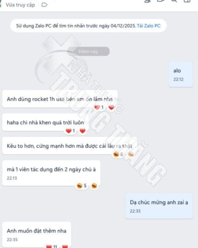 Viên uống Rocket 1h USA hỗ trợ cương cứng – ảnh chụp màn hình tin nhắn Zalo khách khen sản phẩm