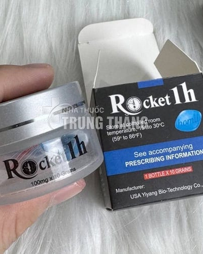 Viên uống Rocket 1h USA hỗ trợ cương cứng – tay cầm hủ thủy tinh bạc bên cạnh hộp đen Rocket 1h