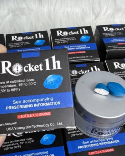 Viên uống Rocket 1h USA hỗ trợ cương cứng – hộp đen Rocket 1h và hủ bạc để hai viên xanh trắng trên nắp