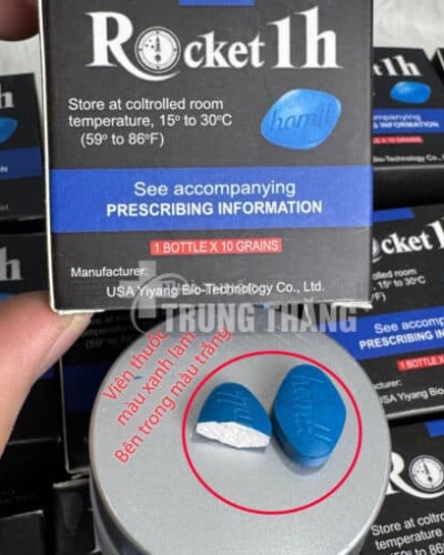 Viên uống Rocket 1h USA hỗ trợ cương cứng – hộp đen và nắp hủ bạc để viên xanh cùng viên cắt lộ ruột trắng