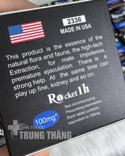 Viên uống Rocket 1h USA hỗ trợ cương cứng – mặt hộp đen có cờ Mỹ và mô tả thành phần công dụng tiếng Anh