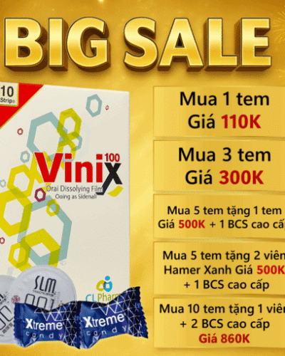 Tem ngậm Vinix 100mg Hàn Quốc chính hãng – banner BIG SALE nền vàng, bảng giá combo tem Vinix
