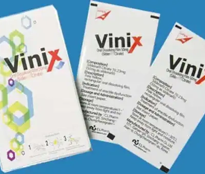 Tem ngậm Vinix 100mg Hàn Quốc chính hãng – hộp Vinix và hai gói in bảng thành phần công dụng nền xanh