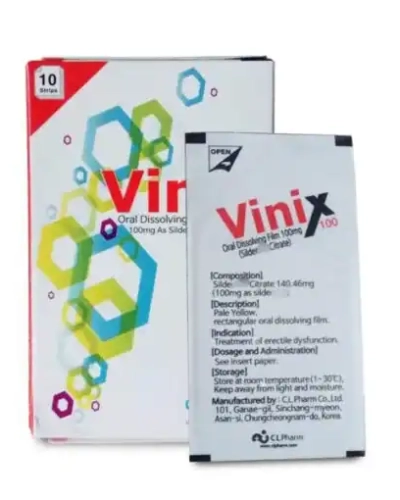 Tem ngậm Vinix 100mg Hàn Quốc chính hãng – hộp Vinix trắng và một gói lẻ in bảng thông tin thành phần
