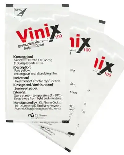 Tem ngậm Vinix 100mg Hàn Quốc chính hãng – ba gói lẻ Vinix in bảng thành phần công dụng nền trắng