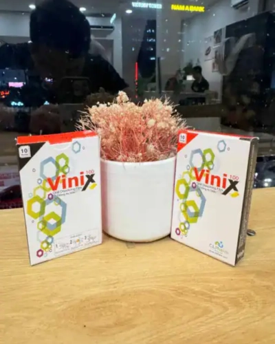 Tem ngậm Vinix 100mg Hàn Quốc chính hãng – hai hộp Vinix 100 đặt hai bên chậu cây nhỏ trên bàn gỗ