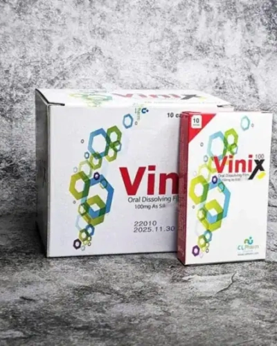 Tem ngậm Vinix 100mg Hàn Quốc chính hãng – hai hộp Vinix lớn và nhỏ trên nền đá xám, có ngày sản xuất