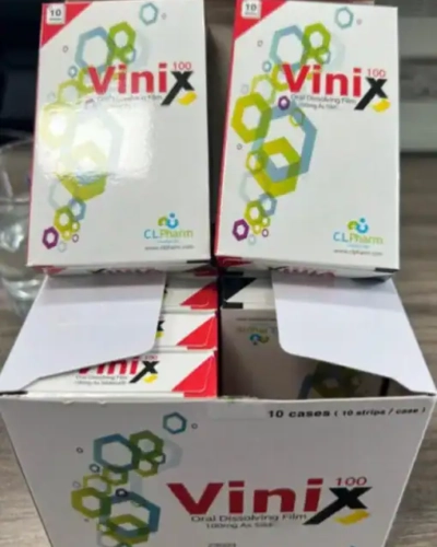 Tem ngậm Vinix 100mg Hàn Quốc chính hãng – thùng lớn chứa nhiều hộp Vinix 100, ghi 10 cases trên thùng