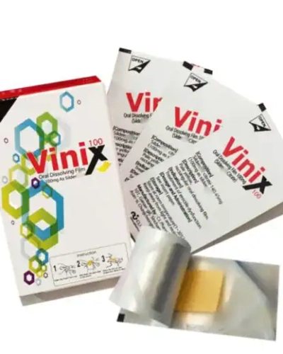 Tem ngậm Vinix 100mg Hàn Quốc chính hãng – hộp Vinix và các gói film xòe ra, một miếng film vàng trong vỉ bạc