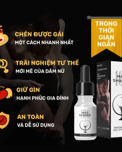 Thuốc kích dục nữ Maxshades chính hãng – Đồ họa công dụng nền đen, lọ và hộp Max Shades, cặp đôi mờ