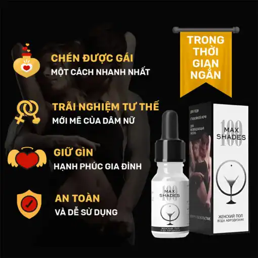 Thuốc kích dục nữ Maxshades chính hãng – Đồ họa công dụng nền đen, lọ và hộp Max Shades, cặp đôi mờ