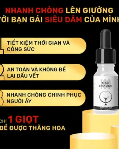 Thuốc kích dục nữ Maxshades chính hãng – Đồ họa 3 lợi ích, lọ Max Shades trên bục vàng, chỉ 1 giọt