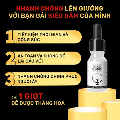 Thuốc kích dục nữ Maxshades chính hãng – Đồ họa 3 lợi ích, lọ Max Shades trên bục vàng, chỉ 1 giọt