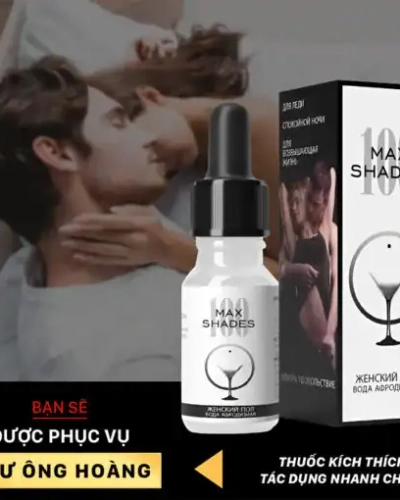 Thuốc kích dục nữ Maxshades chính hãng – Đồ họa cặp đôi trên giường, lọ và hộp Max Shades, được phục vụ