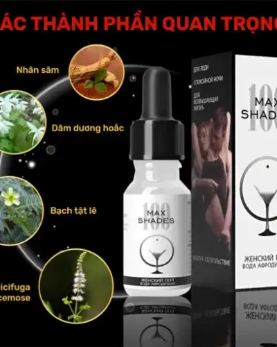 Thuốc kích dục nữ Maxshades chính hãng – Đồ họa thành phần thảo dược quanh lọ và hộp Max Shades