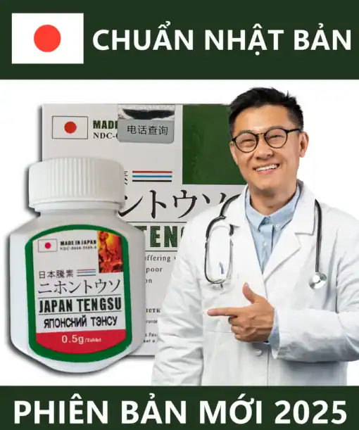 Viên uống Tengsu Japan chính hãng Nhật Bản – bác sĩ áo trắng chỉ vào lọ Japan Tengsu, cờ Nhật