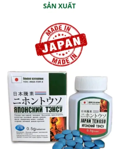 Viên uống Tengsu Japan chính hãng Nhật Bản – hộp, lọ Japan Tengsu và viên xanh đổ ra, dấu Made in Japan