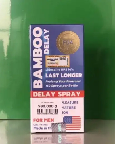 Xịt chống xuất tinh sớm Bamboo Delay 12ml – hộp Bamboo Delay tím nền xanh lá, có giá tiền