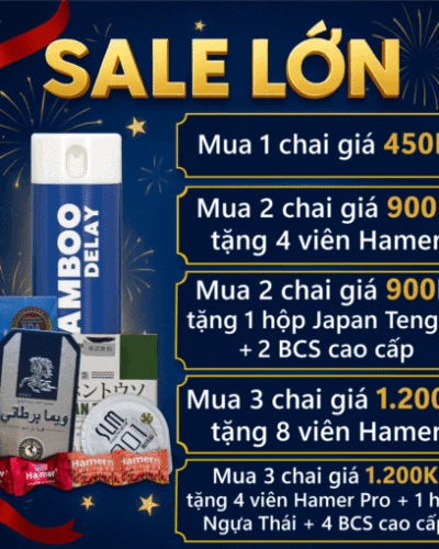 Xịt chống xuất tinh sớm Bamboo Delay 12ml – banner Sale Lớn xanh đỏ, chai Bamboo Delay và quà tặng