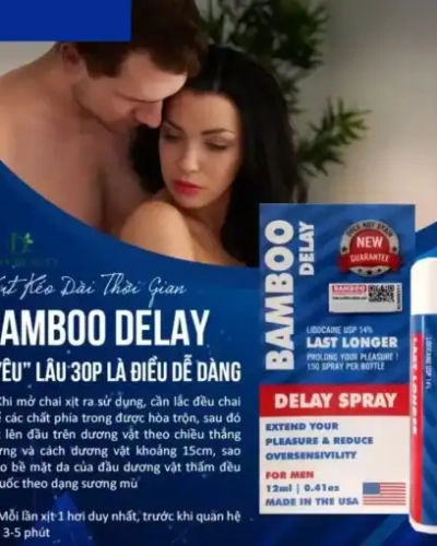Xịt chống xuất tinh sớm Bamboo Delay 12ml – cặp đôi ôm nhau, hộp chai Bamboo Delay, chữ hướng dẫn
