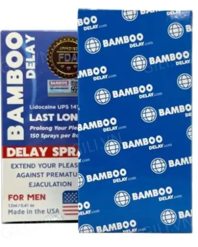 Xịt chống xuất tinh sớm Bamboo Delay 12ml – mặt trước và mặt sau hộp Bamboo Delay xanh in logo