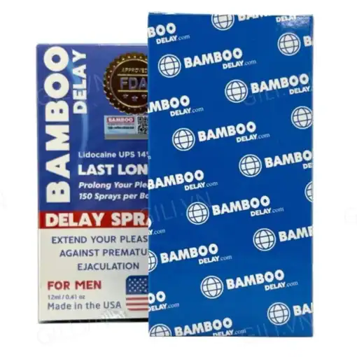 Xịt chống xuất tinh sớm Bamboo Delay 12ml – mặt trước và mặt sau hộp Bamboo Delay xanh in logo