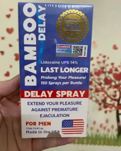 Xịt chống xuất tinh sớm Bamboo Delay 12ml – tay cầm hộp Bamboo Delay xanh, tem FDA vàng, nền tim