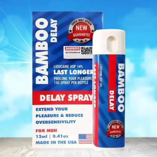 Xịt chống xuất tinh sớm Bamboo Delay 12ml – hộp và chai Bamboo Delay xanh trắng, nền trời xanh