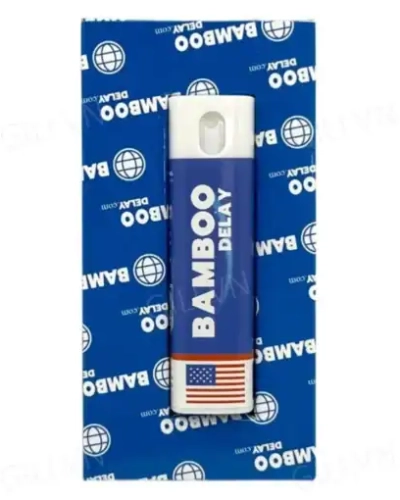 Xịt chống xuất tinh sớm Bamboo Delay 12ml – chai xịt Bamboo Delay xanh trắng trên nền xanh có cờ Mỹ