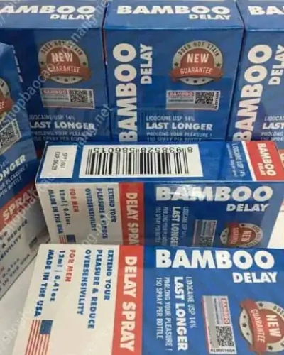 Xịt chống xuất tinh sớm Bamboo Delay 12ml – nhiều hộp Bamboo Delay xếp chồng có mã vạch