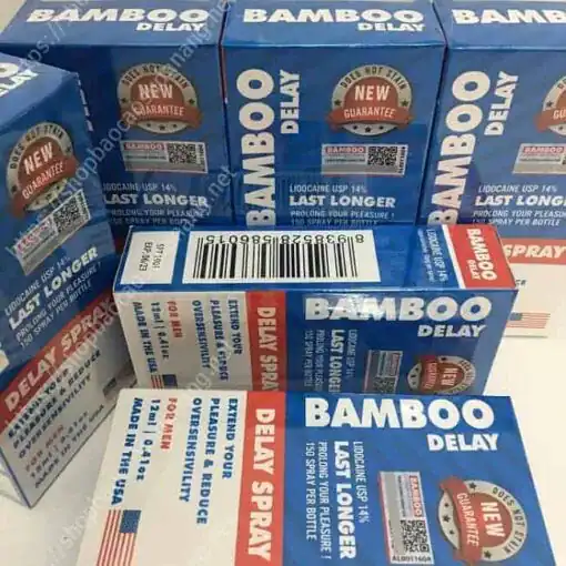 Xịt chống xuất tinh sớm Bamboo Delay 12ml – nhiều hộp Bamboo Delay xếp chồng có mã vạch