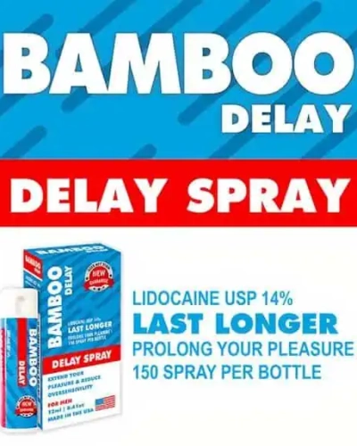 Xịt chống xuất tinh sớm Bamboo Delay 12ml – banner đồ họa xanh đỏ hộp chai Bamboo Delay, chữ công dụng