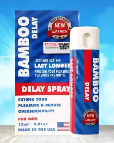 Hình ảnh chai xịt Bamboo Delay 12ml chính hãng đặt cạnh hộp bao bì, thể hiện rõ tem nhãn và dung tích.