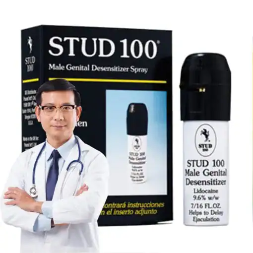 Xịt kéo dài thời gian quan hệ Stud 100 chính hãng – Hộp và chai xịt Stud 100, có hình bác sĩ