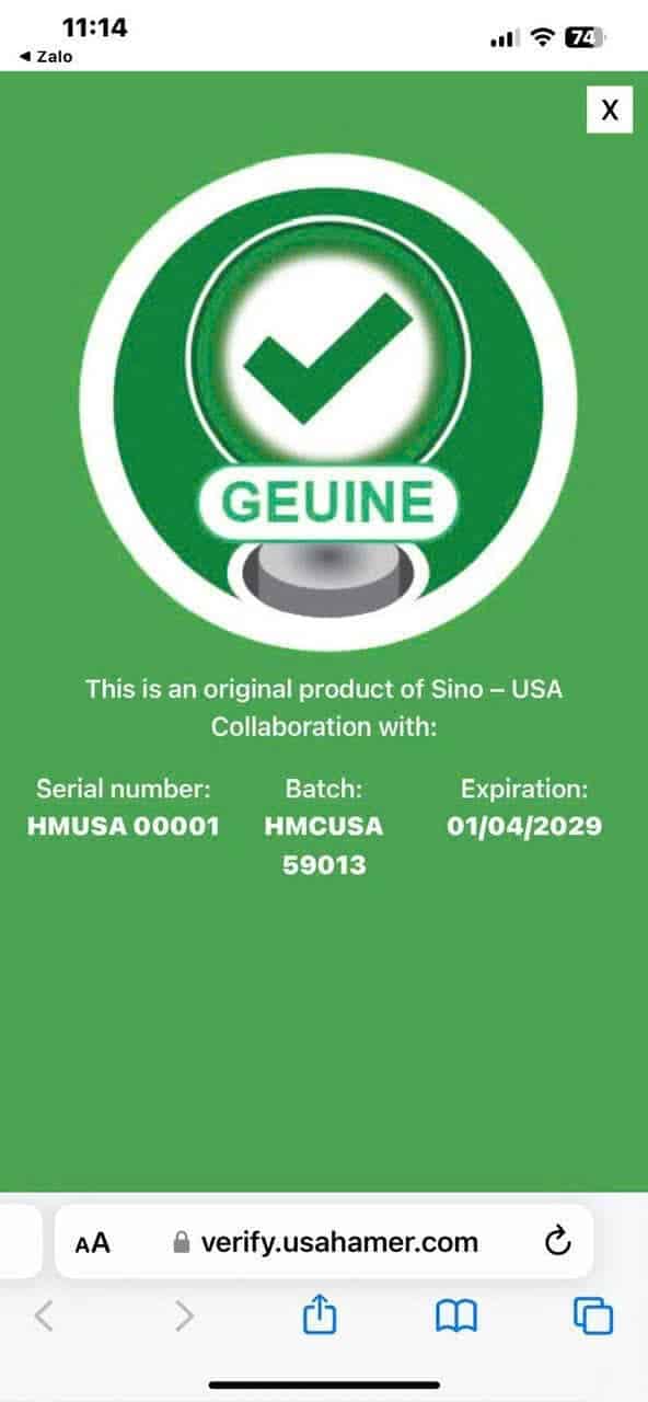 Kết quả quét QR Hamer chính hãng trên verify.usahamer.com