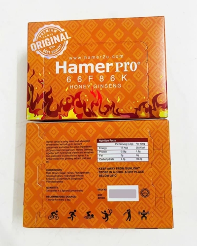 Kẹo sâm Hamer Pro Malaysia vị mật ong chính hãng – Mặt trước và mặt sau hộp Hamer Pro thành phần