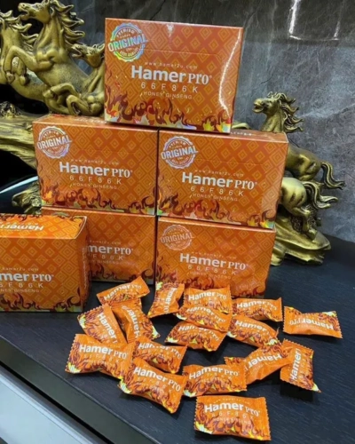 Kẹo sâm Hamer Pro Malaysia vị mật ong chính hãng – Chồng hộp Hamer Pro cam và nhiều viên kẹo